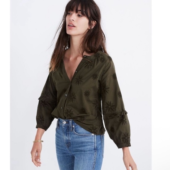 MADEWELL Green Floral Embroidered Blouse with Balloon Sleeve Size XS Whimsy Goth - Picture 1 of 9